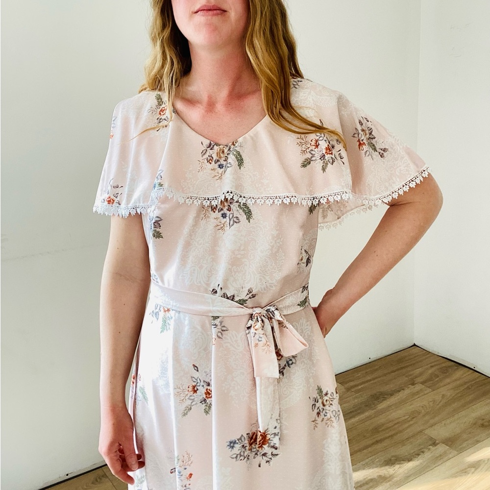 Vintage | Handmade Cottagecore Prairie Belted Pink Floral Maxi Dress - Picture 7 of 10